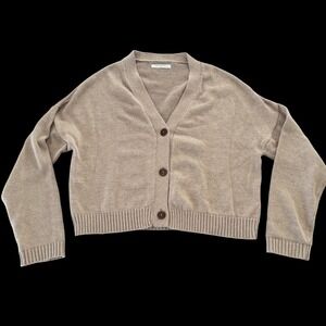 Paneros Small 100% Cotton V-Neck Button Front Cardigan Sweater Taupe Brown